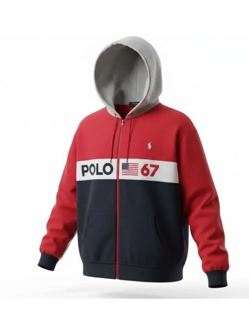 Polo Ralph Lauren Colorblock Hoodie Mens XLT Red Navy Full Zip Flag Shield Tech
